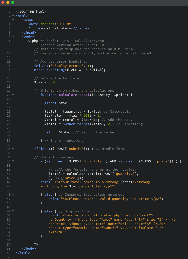 The PHP script that uses a global statement as displayed in the editor view.