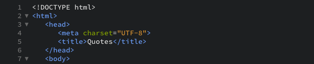 The initial HTML tags with the title Quotes as displayed in the editor view.