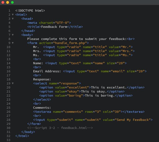 A Feedback Form code in HTML as displayed in the editor view.