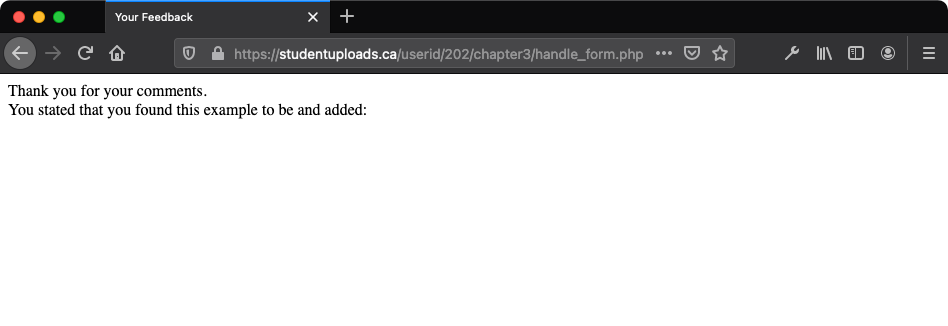 The page that doesn't display submitted information as displayed in the browser.