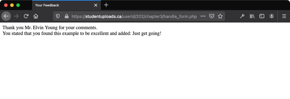 The result after submitting the feedback form as displayed in the browser view.