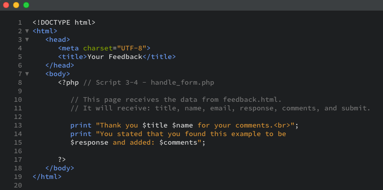 The PHP script for the feedback form as displayed in the code editor view.