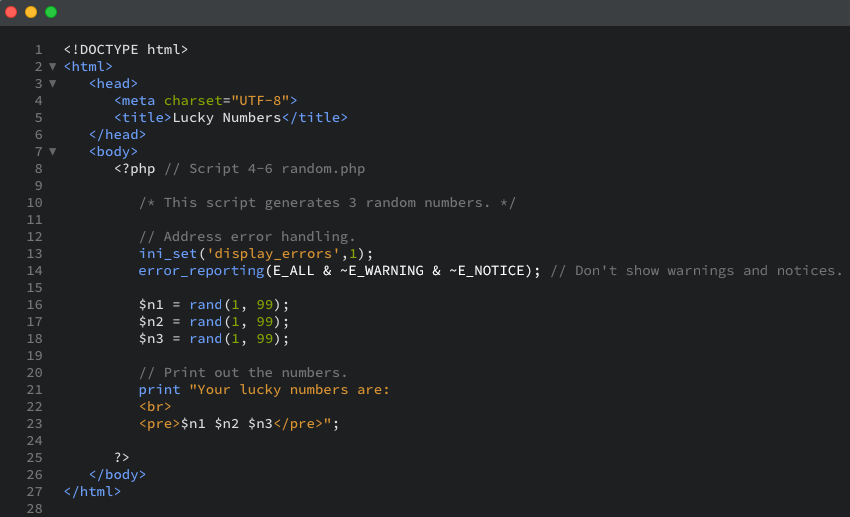 The use of random function for generating random numbers as displayed in the editor view.