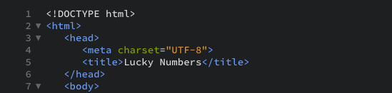 The HTML document with title Lucky Numbers as displayed in the editor view.