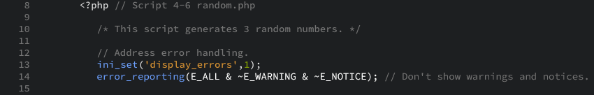 The start of PHP tags and managing errors to be visible as displayed in the editor view.