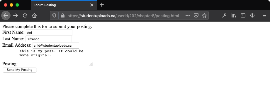 The testing HTML form to input data as displayed in the browser view.
