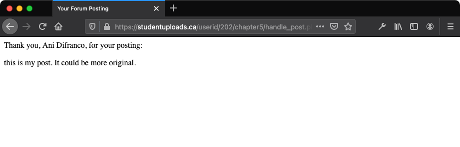 The result after submitting the HTML form as displayed in the browser view.