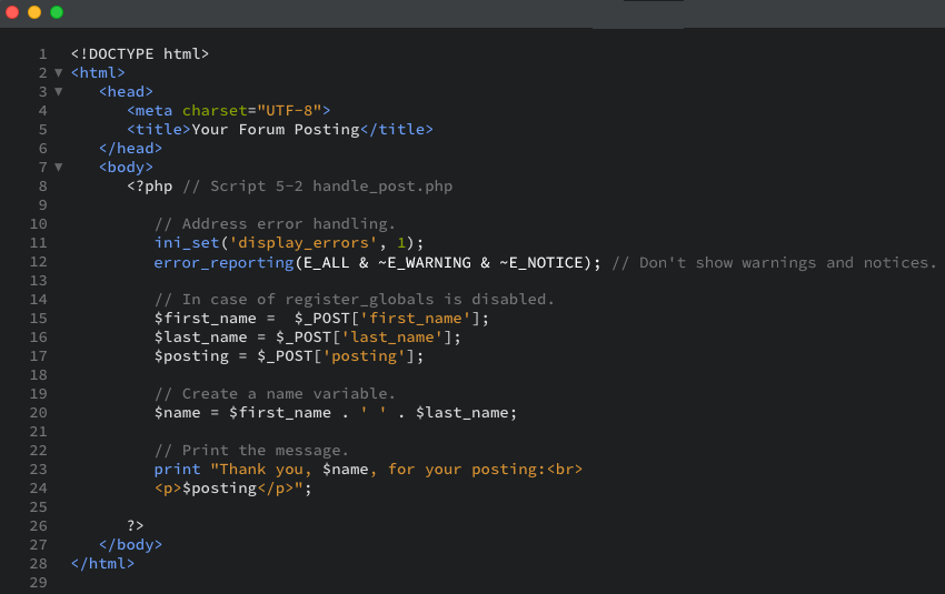 The PHP code using one of the most common manipulations of a string variable as displayed in the editor view.