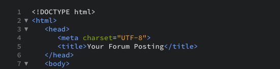 The HTML tags with title Your Forum Posting as displayed in the code editor view.