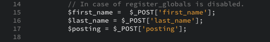 The PHP code snippets that addresses the register_globals issue as displayed in the editor view.