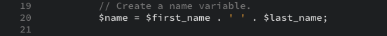 The PHP code snippet that creates a new $name variable using concatenation in the editor view.