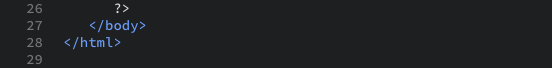 The closing tags of HTML and PHP as displayed in the editor view.