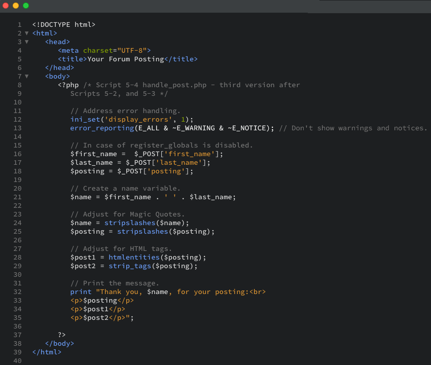The PHP code that applies them both to the posting by creating two new variables in the process as displayed in the editor view.