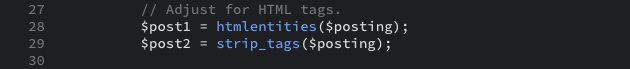 The PHP code that contains two different functions for manipulating the HTML tags as displayed in the editor view.
