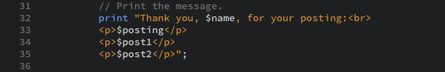 The PHP code snippet to print 3 different versions of posting as displayed in the editor view.