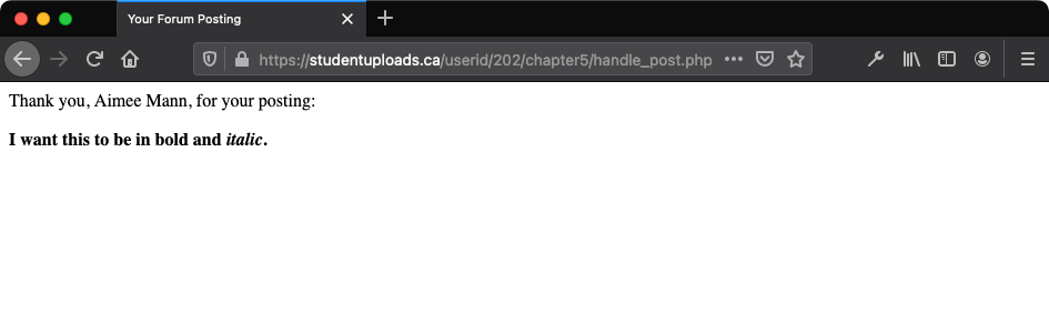 The result after submitting the HTML form as displayed in the browser view.