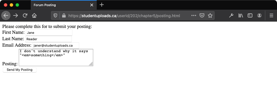 The HTML form that addressed HTML characters you enter as part of a posting as displayed in the browser view.