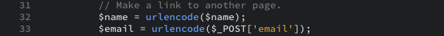The PHP snippets being used to encode name and email before passing it to URL as displayed in the editor view.