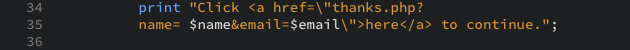 The PHP code with print() function that creates an HTML link in the web page as displayed in the editor view.