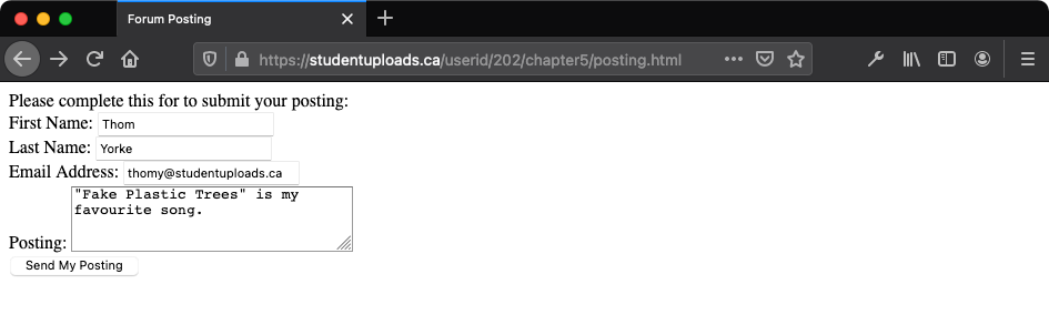 The HTML form that contains an HTML form with name, email, and posting as displayed in the browser view.