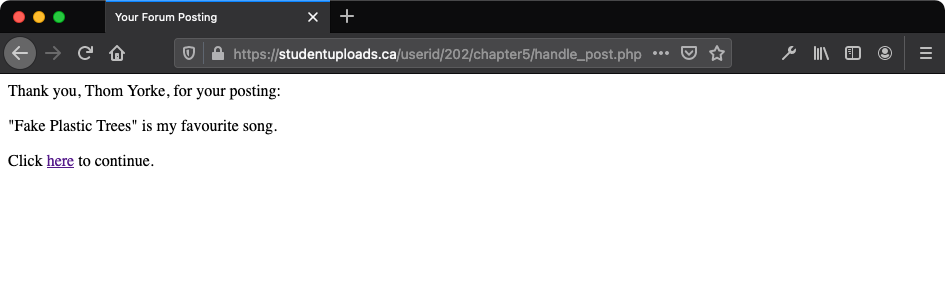 The result that contains a link generated by PHP script as displayed in the browser view.