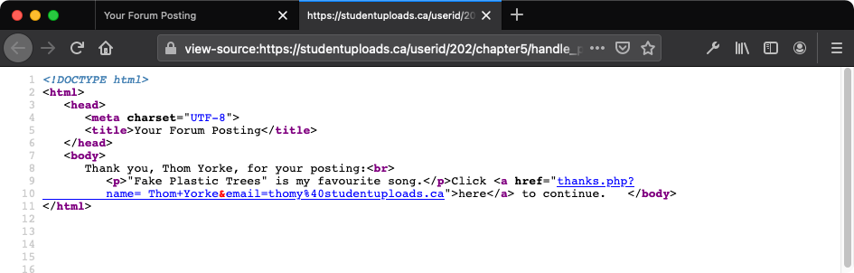 The HTML source code to confirm the URL of the link as displayed in the browser view.