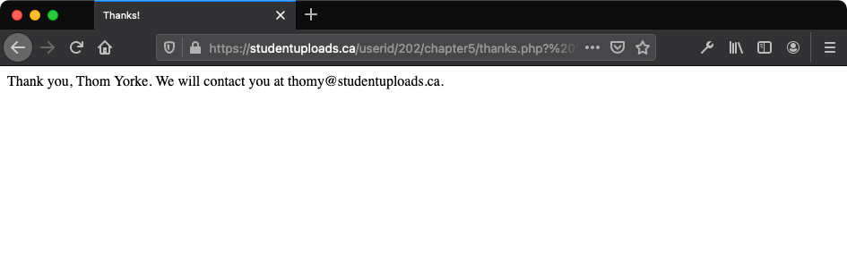 The handling page that prints a message based on values as displayed in the browser view.