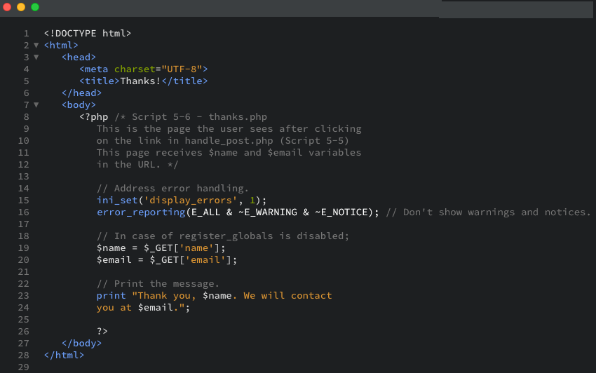 The PHP code that displays thank you message after receiving two values from the URL as displayed in the editor view.