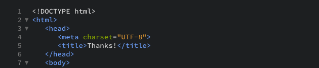 A new HTML document with the title Thanks as displayed in the editor view.