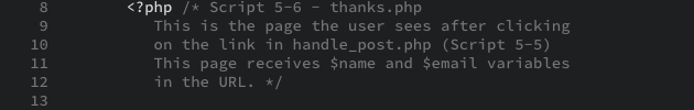 The PHP code that creates the initial PHP tag as displayed in the editor view.