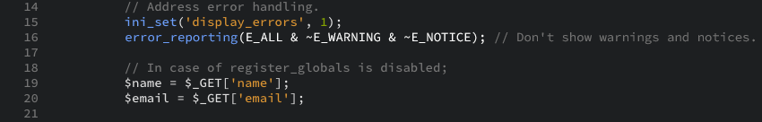 The PHP code that uses the Get method to get values from the URL as displayed in the editor view.