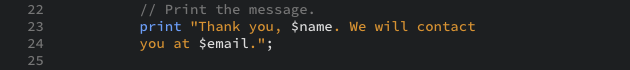 The PHP code that prints thank you message with the name and email taken from the URL as displayed in the editor view.