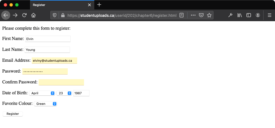 The HTML form as displayed in the browser view. 
