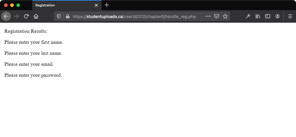 The validation messages that show the omitted the first name, last name, email address, password in the browser view. 