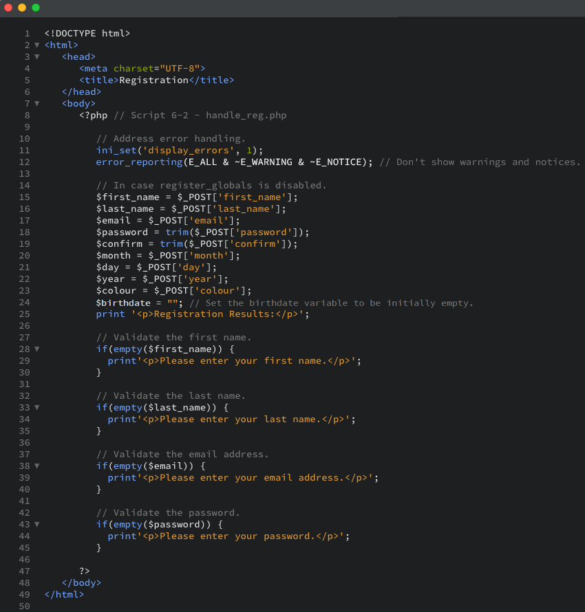 The PHP script that checks whether the form was properly completed using if conditionals and the empty() function as displayed in the editor view.