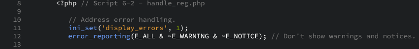The PHP code snippet that begins the PHP section and addresses error handling as displayed in the editor view.