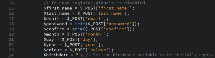 The PHP code that assigns all the form values to local variables as displayed in the editor view.
