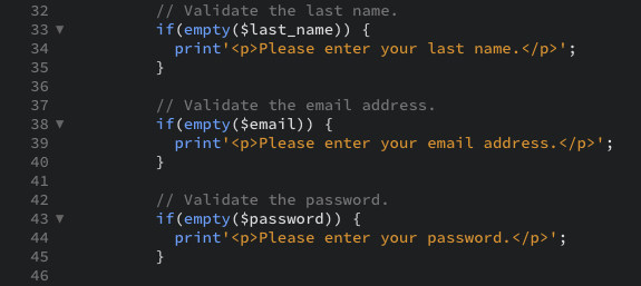 The PHP code snippet that validates the last name email address, and password as displayed in the editor view.