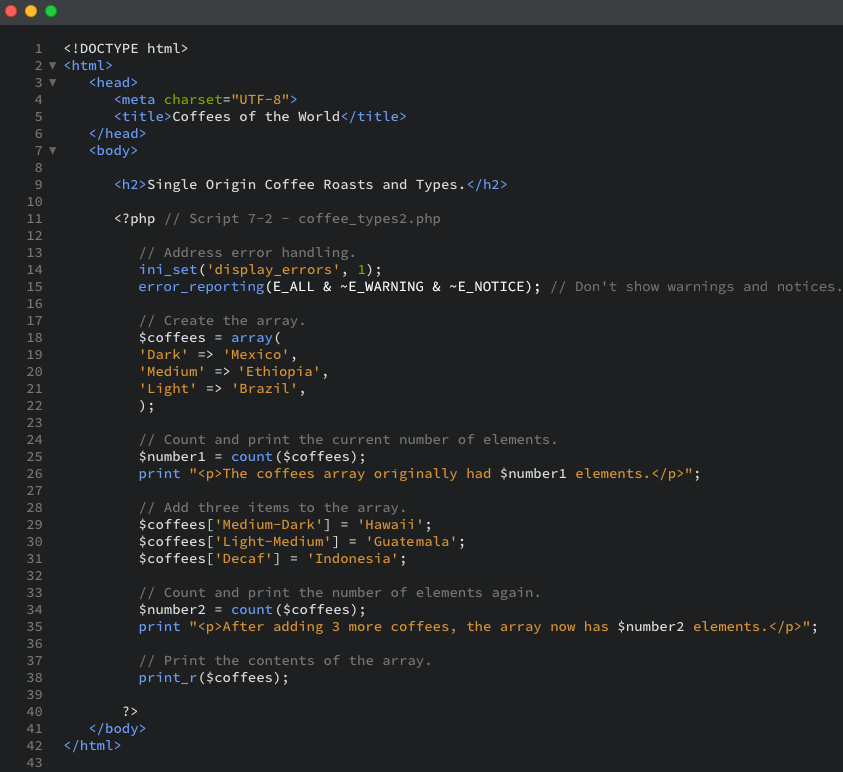 The PHP script that adds elements to an array one at a time by assigning each element a value with the assignment operator as displayed in the editor view.