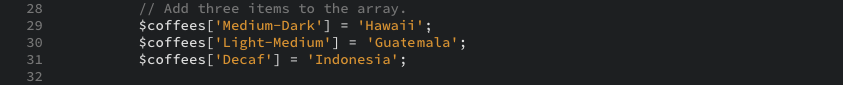 The PHP code snippet that adds three more elements to the array as displayed in the editor view.