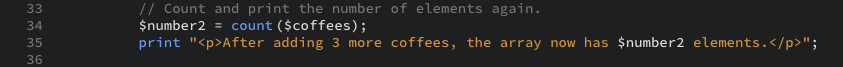 The PHP code snippet that recounts and prints how many elements are in the array as displayed in the editor view. 