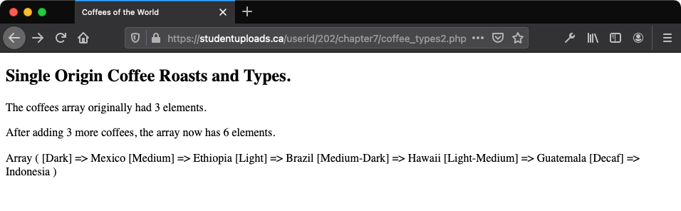 The HTML page that ensures that the new elements were successfully added to the array as displayed in the browser view. 