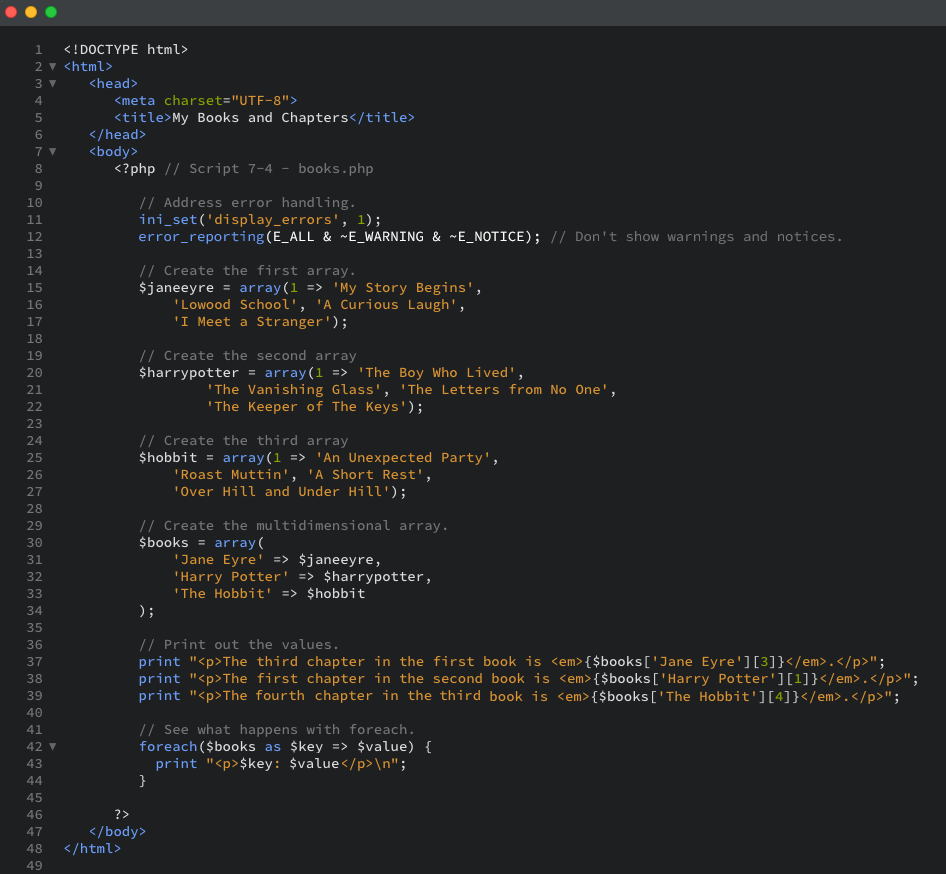 The PHP scripts that store lots of information in one big variable using a multidimensional $book array as displayed in the editor view.