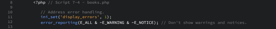 The PHP code snippet that creates the initial PHP tags, and addresses error handling as displayed in the editor view.