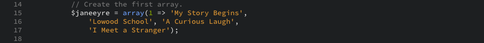 The PHP array $janeeyre(which is short for Jane Eyre) that uses numbers for the keys and strings for the values as displayed on the editor view.