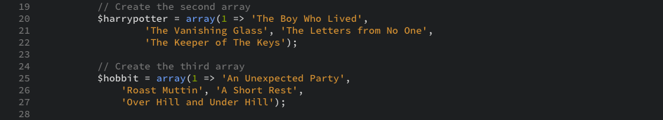 The second, third array examples in the PHP as displayed in the editor view. 