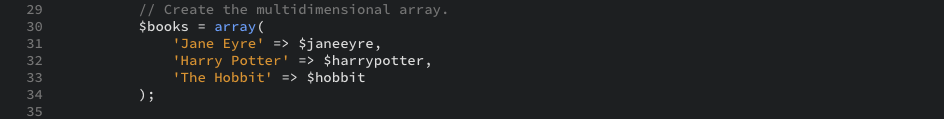 The PHP code snippet that creates the main multidimensional array as displayed in the editor view.