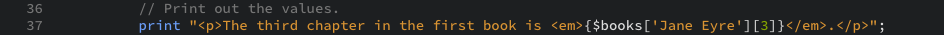 The PHP print code that prints out the name of the third chapter of the Jane Eyre Book as displayed in the editor view.
