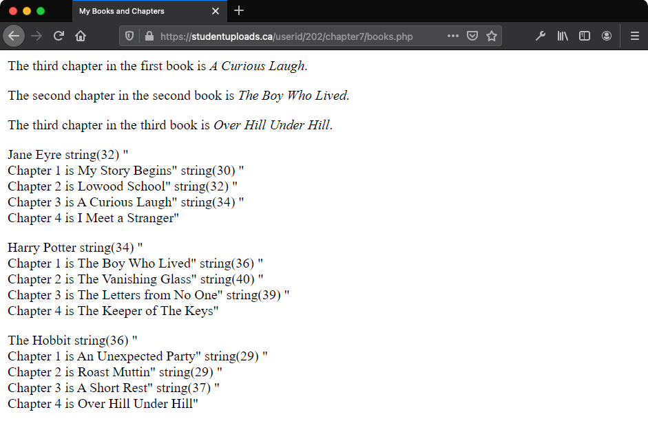 The var_dump() function example that shows the structure and contents of the $book array as displayed in the browser view.
