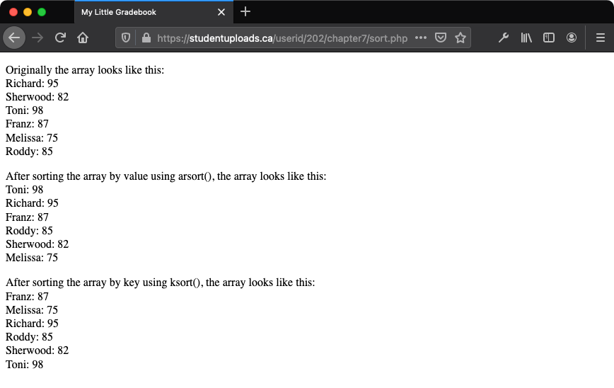 The HTML script that sorts an array in a number of ways with varied results as displayed in the browser view.